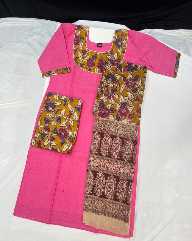 Kalamkari Cotton Readymade Straightcut Kurti Set with Rosy Pink Colour