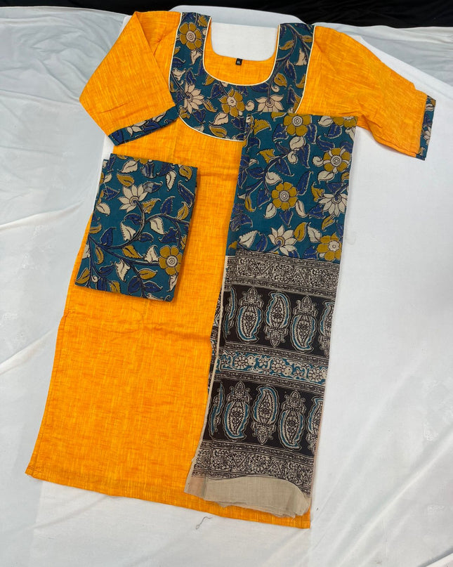 Kalamkari Cotton Readymade Straightcut Kurti Set with Yellow Colour