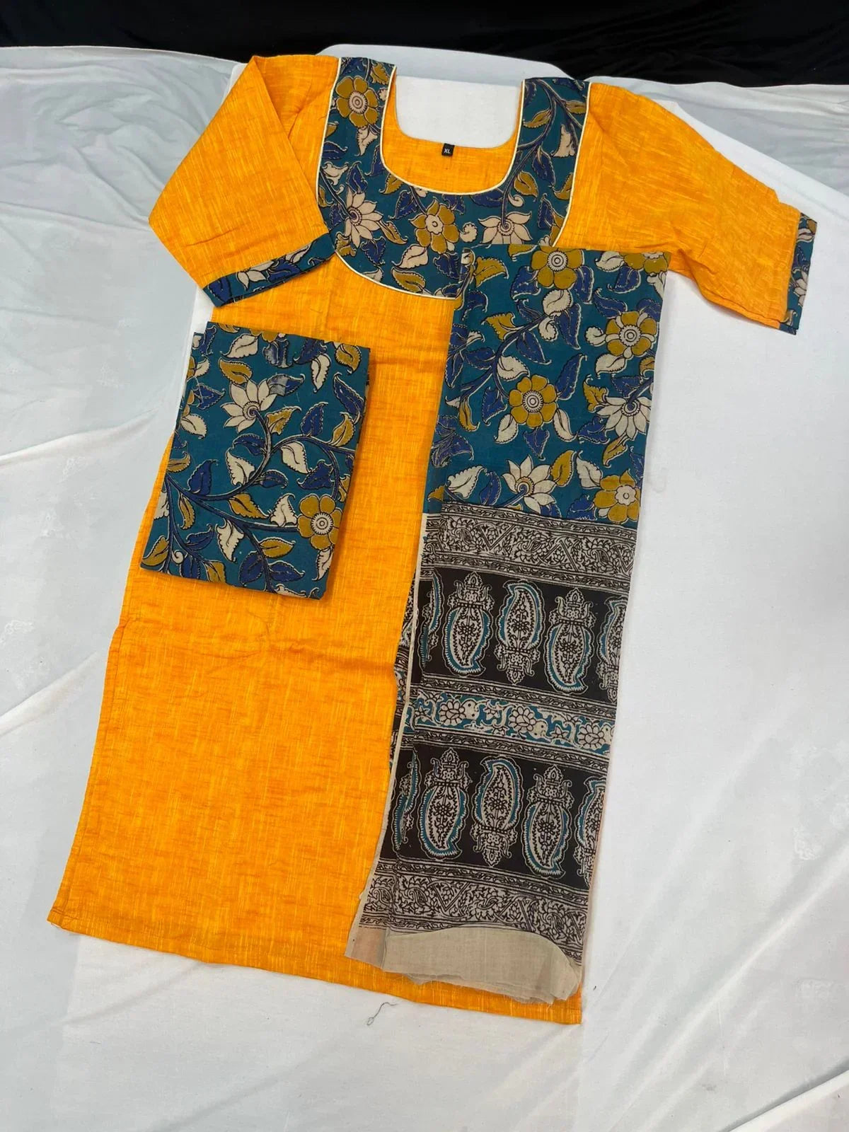 Kalamkari Cotton Readymade Straightcut Kurti Set with Yellow Colour