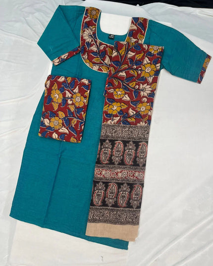 Kalamkari Cotton Readymade Straightcut Kurti Set with Surfie Green Colour