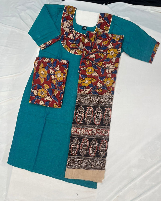 Kalamkari Cotton Readymade Straightcut Kurti Set with Surfie Green Colour