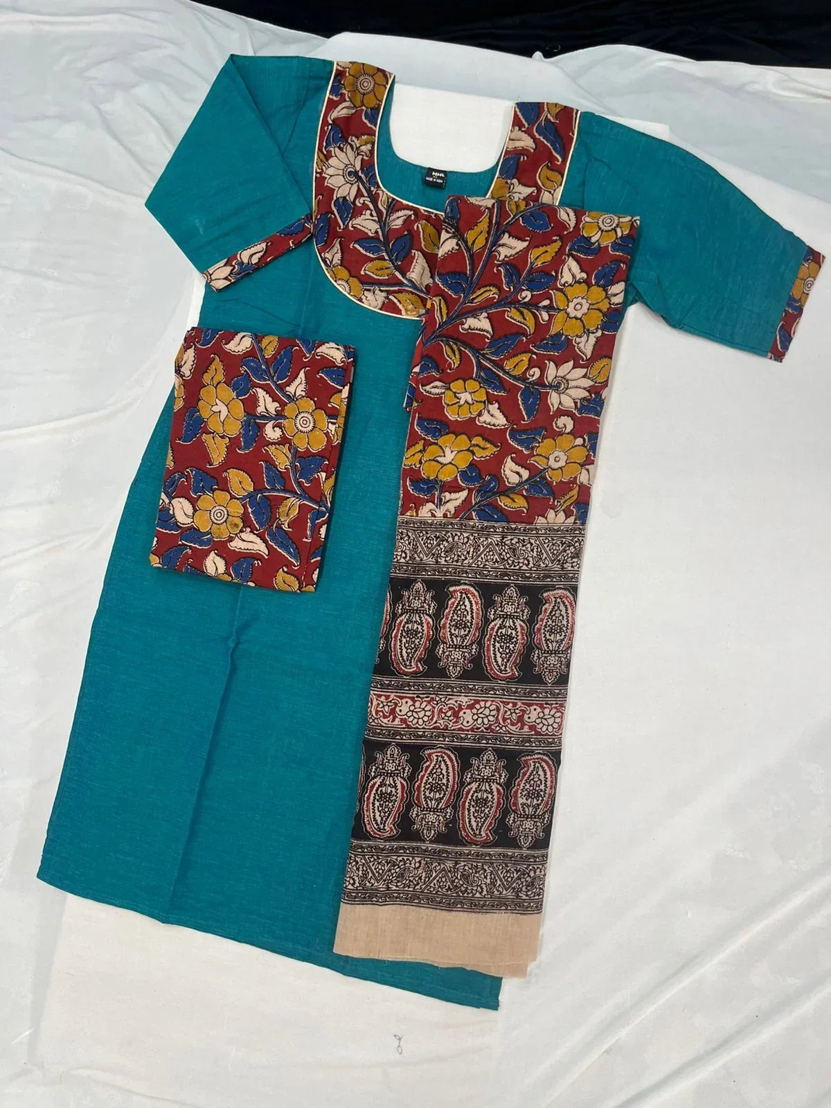 Kalamkari Cotton Readymade Straightcut Kurti Set with Surfie Green Colour