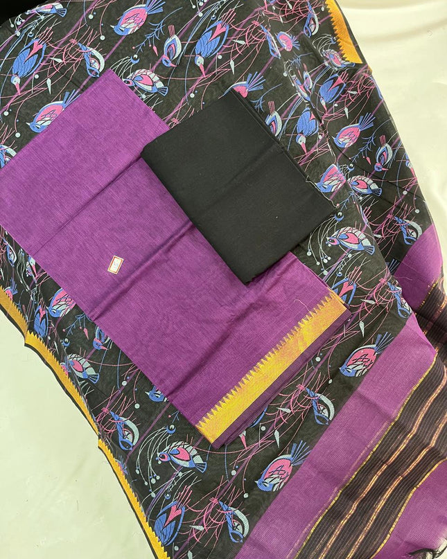 Mangalagiri Cotton Dress Material with Black Chunni with Purple Colour