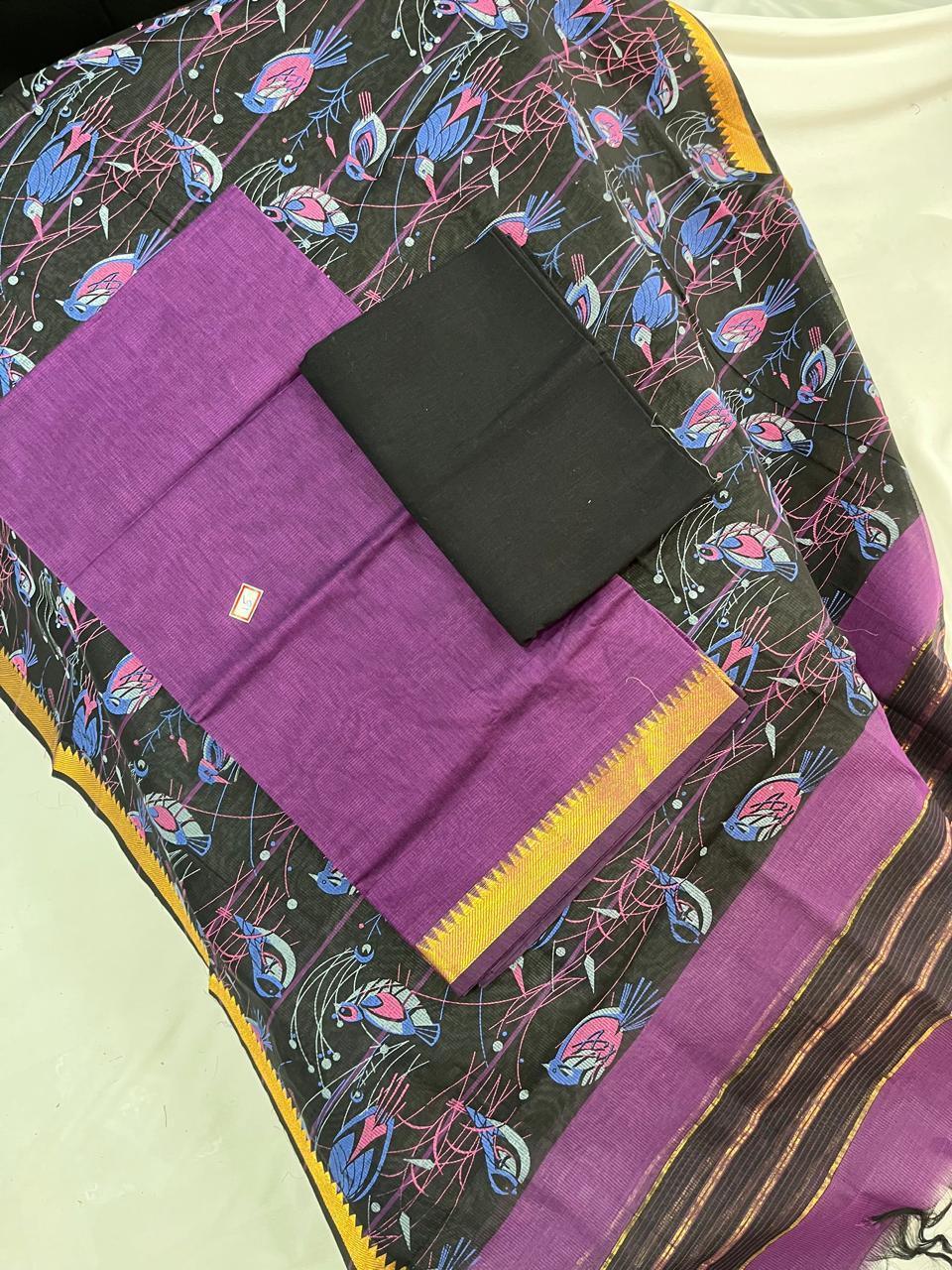 Mangalagiri Cotton Dress Material with Black Chunni with Purple Colour