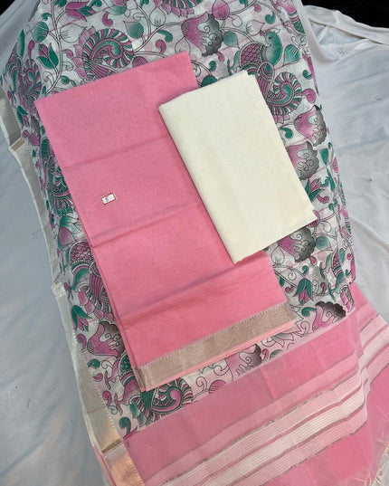 Mangalagiri Cotton Dress Material with Grey Chunni with Pink Colour