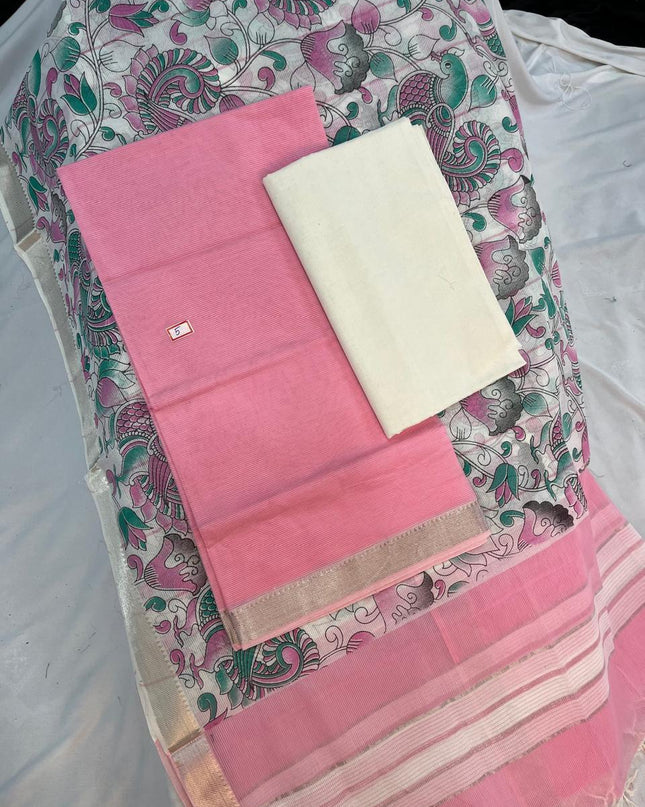 Mangalagiri Cotton Dress Material with Grey Chunni with Pink Colour