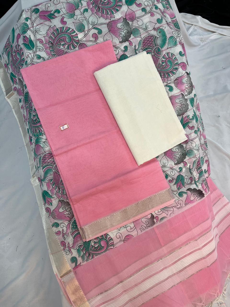 Mangalagiri Cotton Dress Material with Grey Chunni with Pink Colour