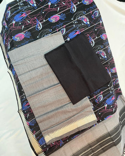 Mangalagiri Cotton Dress Material with Black Chunni with Grey Colour