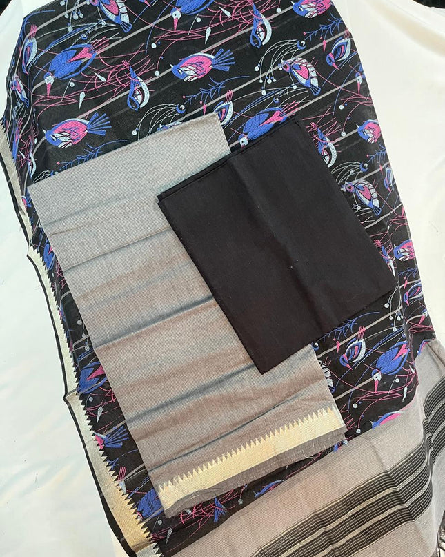 Mangalagiri Cotton Dress Material with Black Chunni with Grey Colour
