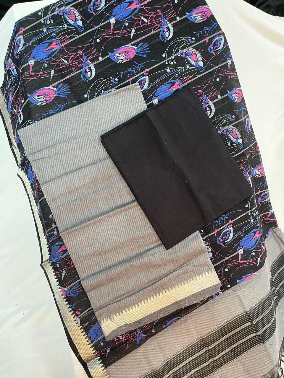 Mangalagiri Cotton Dress Material with Black Chunni with Grey Colour