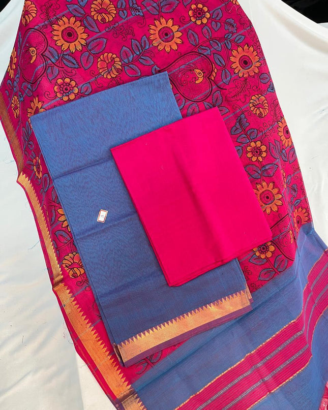 Mangalagiri Cotton Dress Material with Pink Chunni with Violet Colour