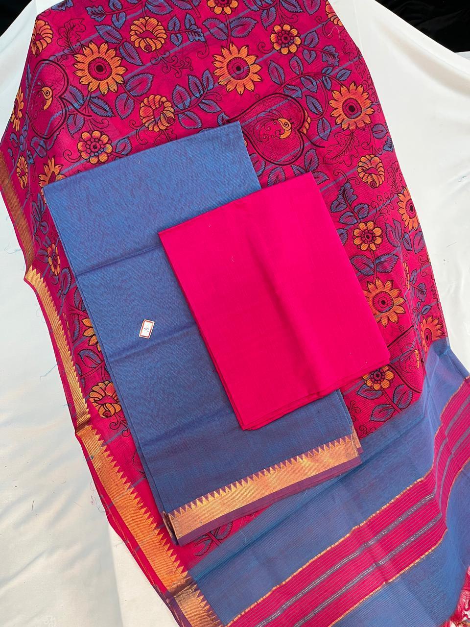 Mangalagiri Cotton Dress Material with Pink Chunni with Violet Colour