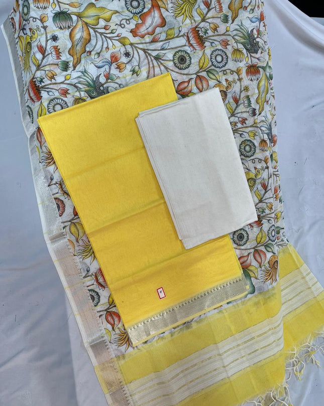 Mangalagiri Cotton Dress Material with Cream Chunni with Yellow Colour