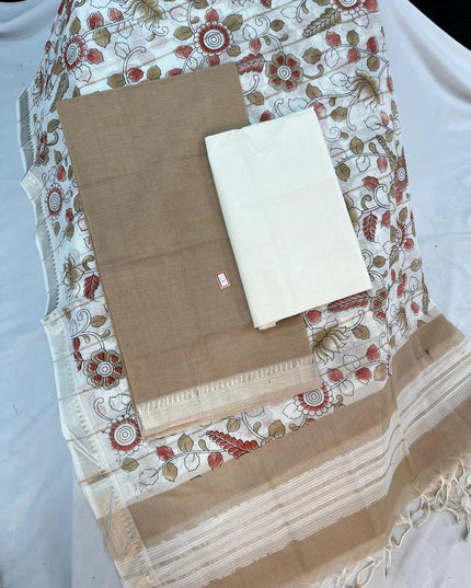 Mangalagiri Cotton Dress Material with Cream Chunni with Brown Colour