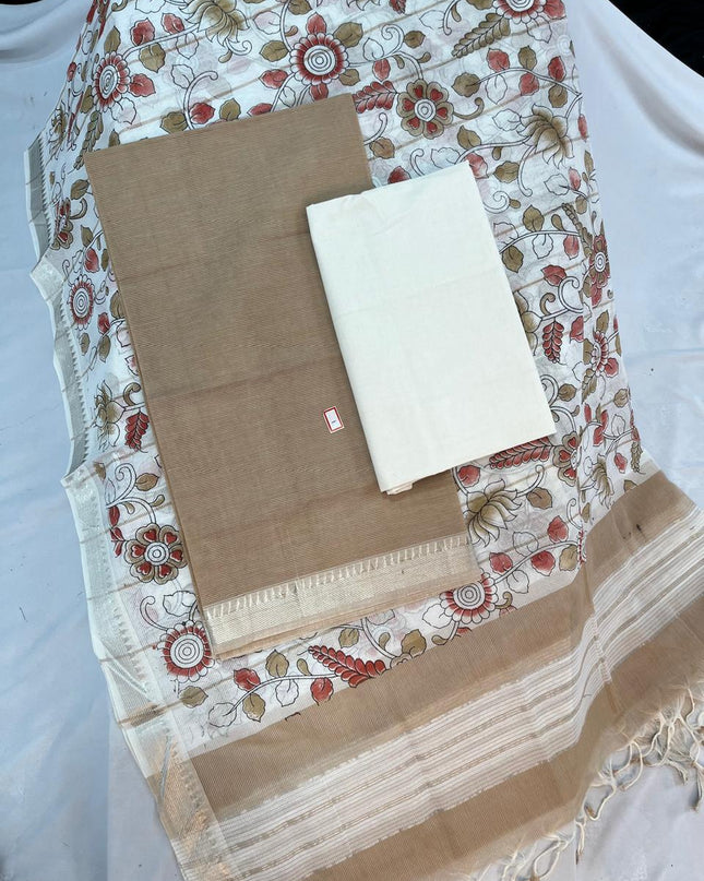 Mangalagiri Cotton Dress Material with Cream Chunni with Brown Colour
