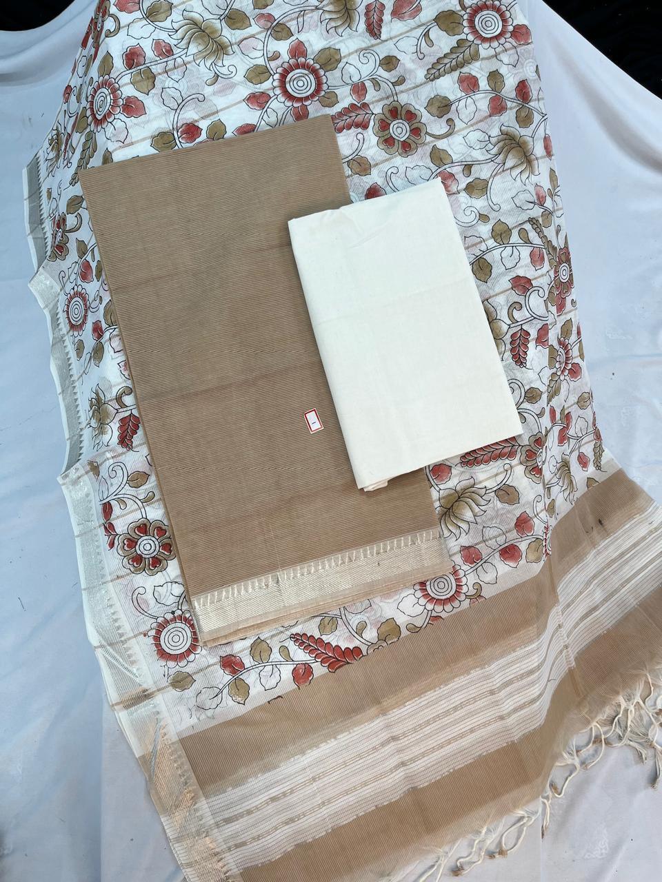 Mangalagiri Cotton Dress Material with Cream Chunni with Brown Colour