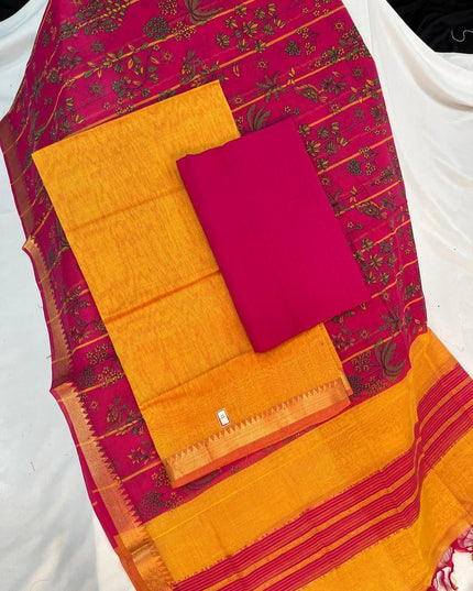 Mangalagiri Cotton Dress Material with Pink Chunni with Yellow Colour