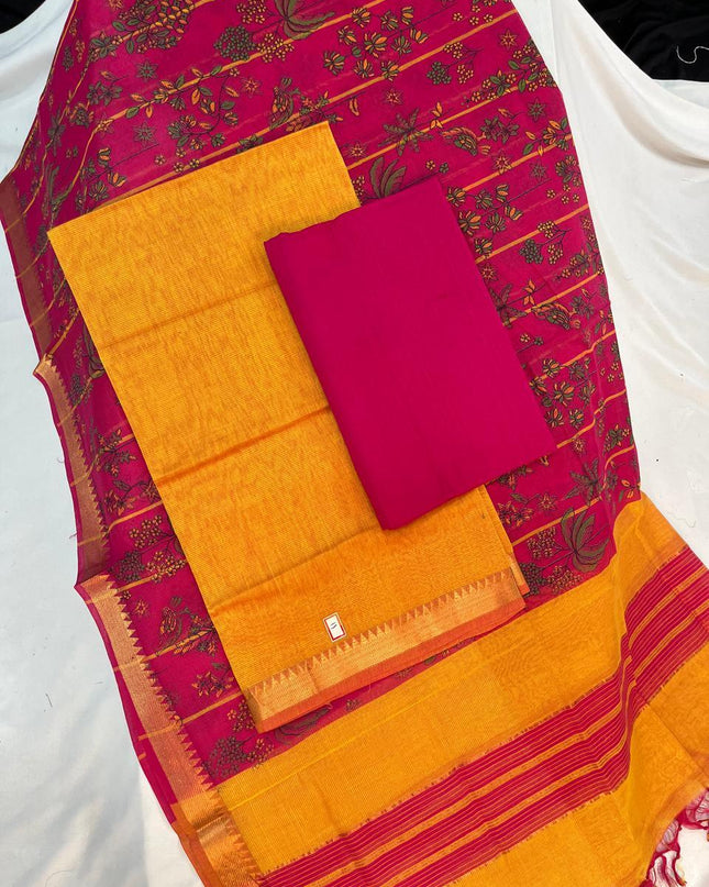 Mangalagiri Cotton Dress Material with Pink Chunni with Yellow Colour