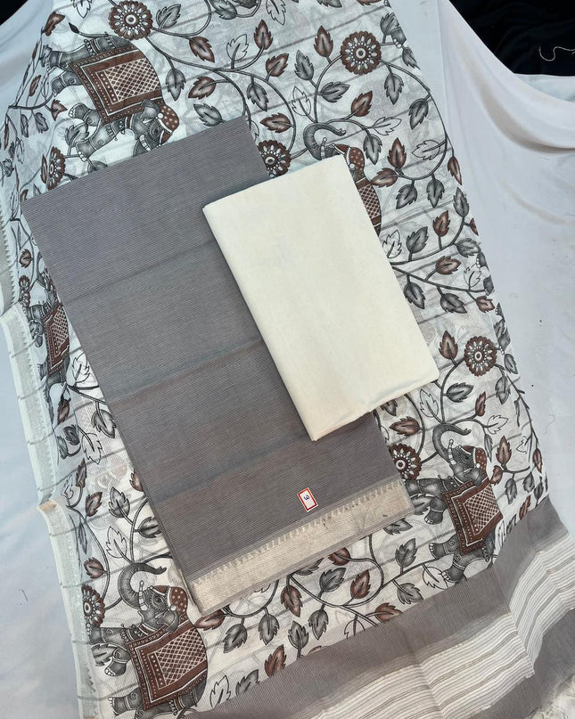Mangalagiri Cotton Dress Material with White Chunni with Grey Colour