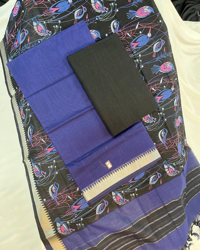 Mangalagiri Cotton Dress Material with Black Chunni with Violet Colour