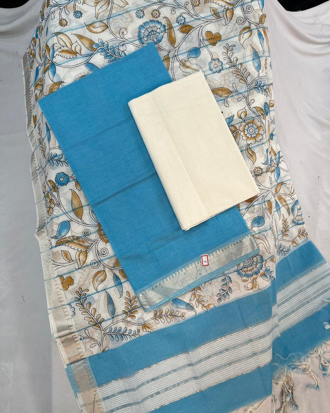 Mangalagiri Cotton Dress Material with Cream Chunni with Sky Blue Colour