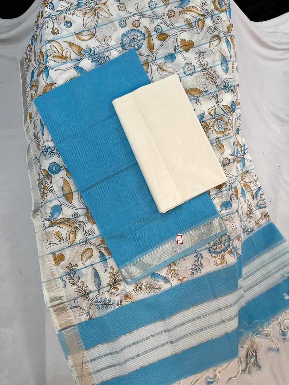 Mangalagiri Cotton Dress Material with Cream Chunni with Sky Blue Colour