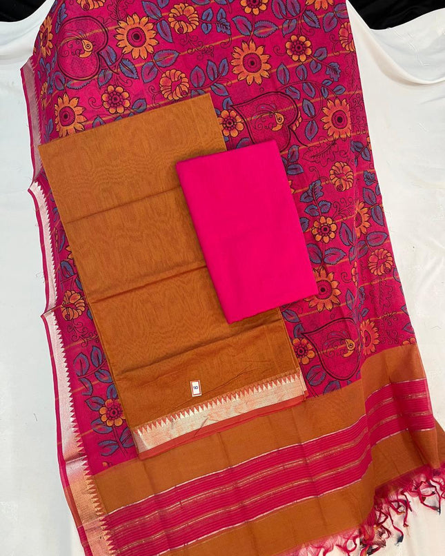 Mangalagiri Cotton Dress Material with Pink Chunni with Mustard Colour