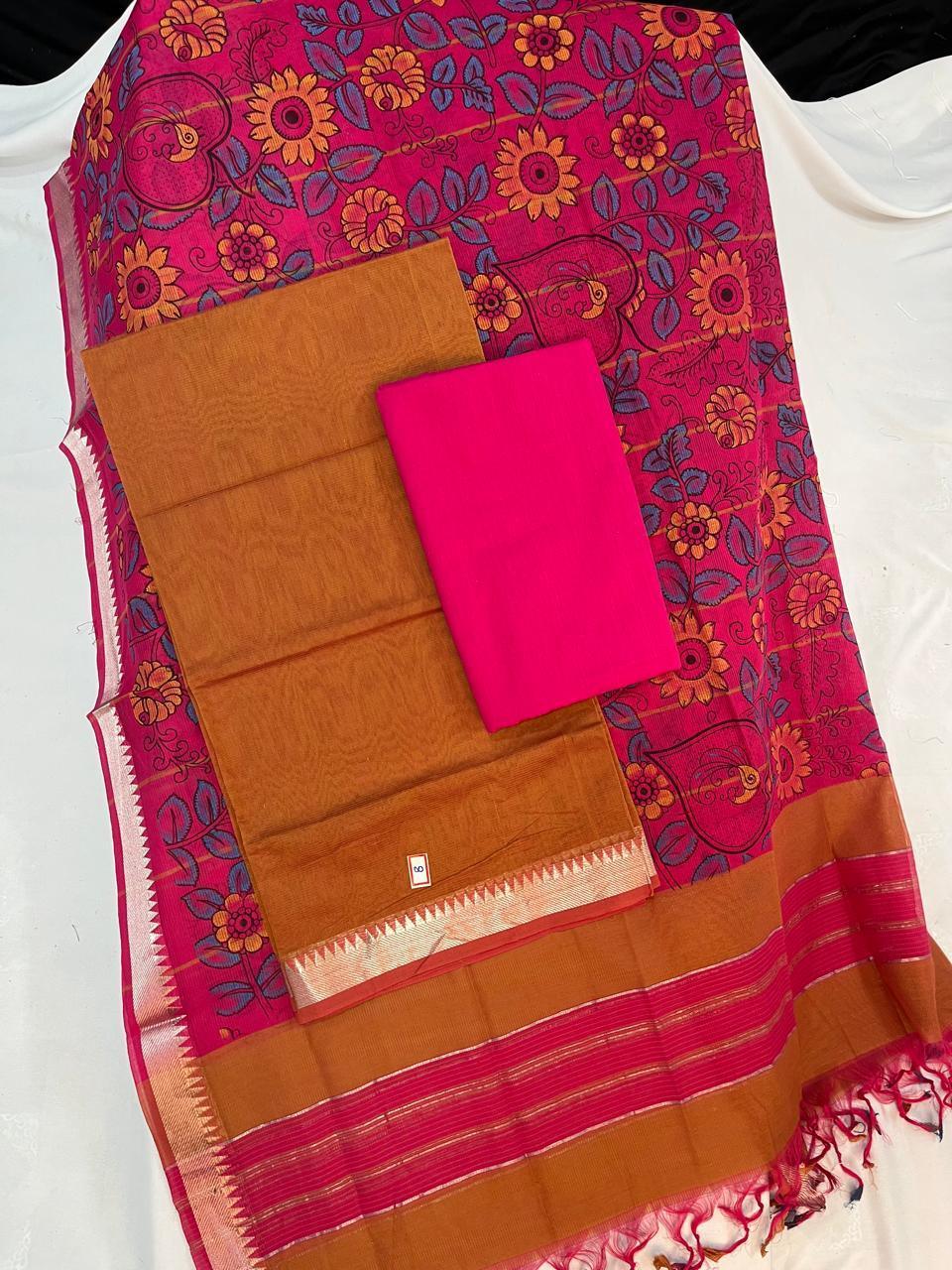 Mangalagiri Cotton Dress Material with Pink Chunni with Mustard Colour