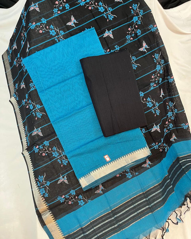 Mangalagiri Cotton Dress Material with Black Chunni with Sky Blue Colour