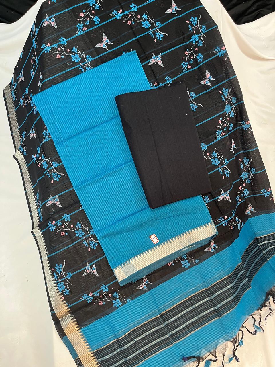 Mangalagiri Cotton Dress Material with Black Chunni with Sky Blue Colour
