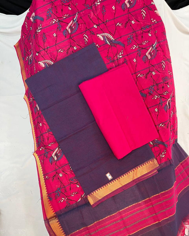 Mangalagiri Cotton Dress Material with Pink Chunni with Violet Colour