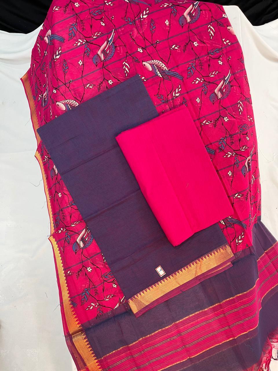 Mangalagiri Cotton Dress Material with Pink Chunni with Violet Colour