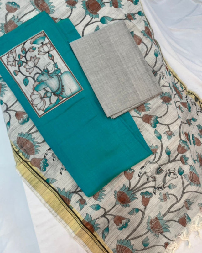 Cotton Dress Material with Kalamkari Chunni with Sea Blue