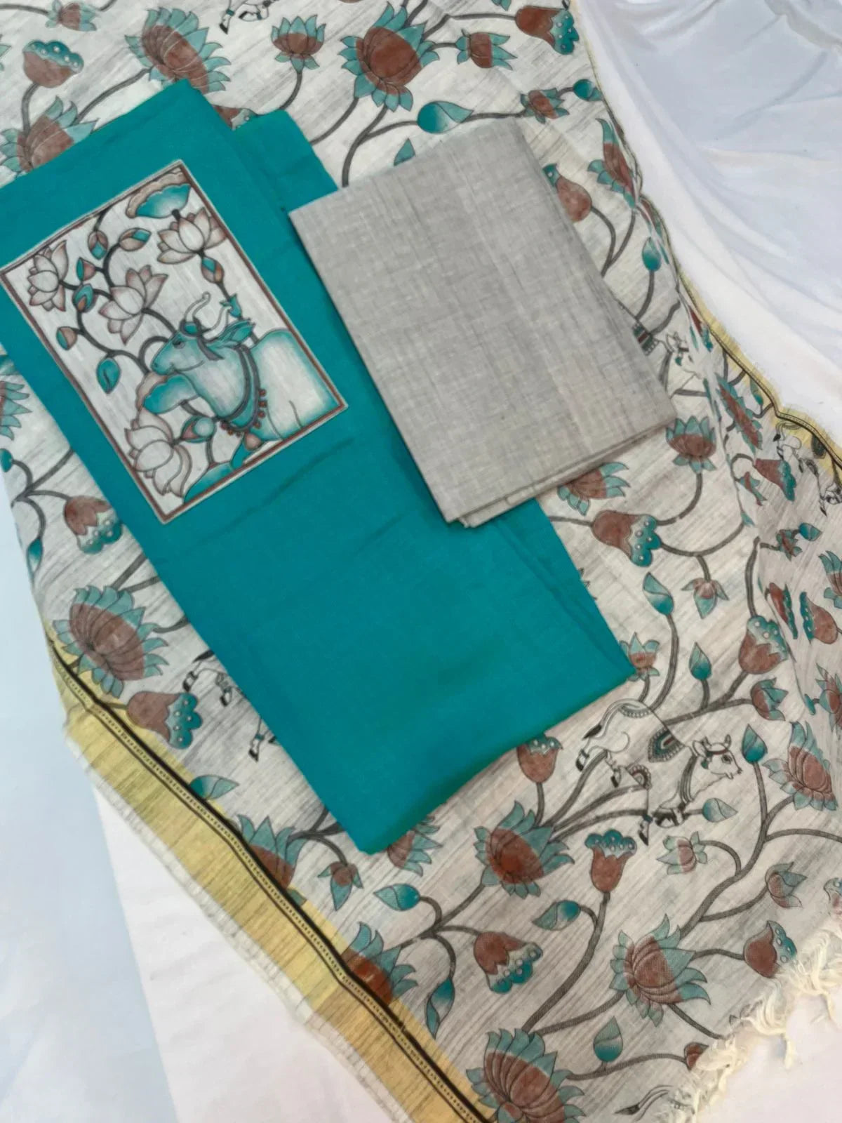 Cotton Dress Material with Kalamkari Chunni with Sea Blue
