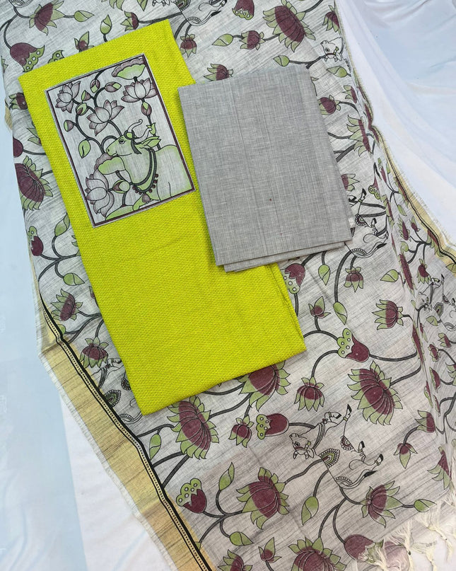 Cotton Dress Material with Kalamkari Chunni with Lemon Yellow Color