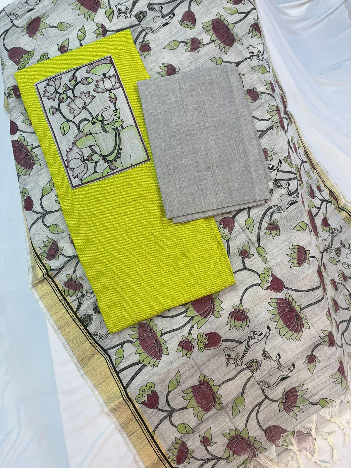 Cotton Dress Material with Kalamkari Chunni with Lemon Yellow Color