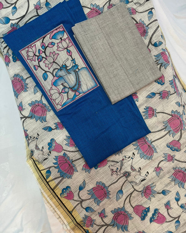 Cotton Dress Material with Kalamkari Chunni with Royal Blue