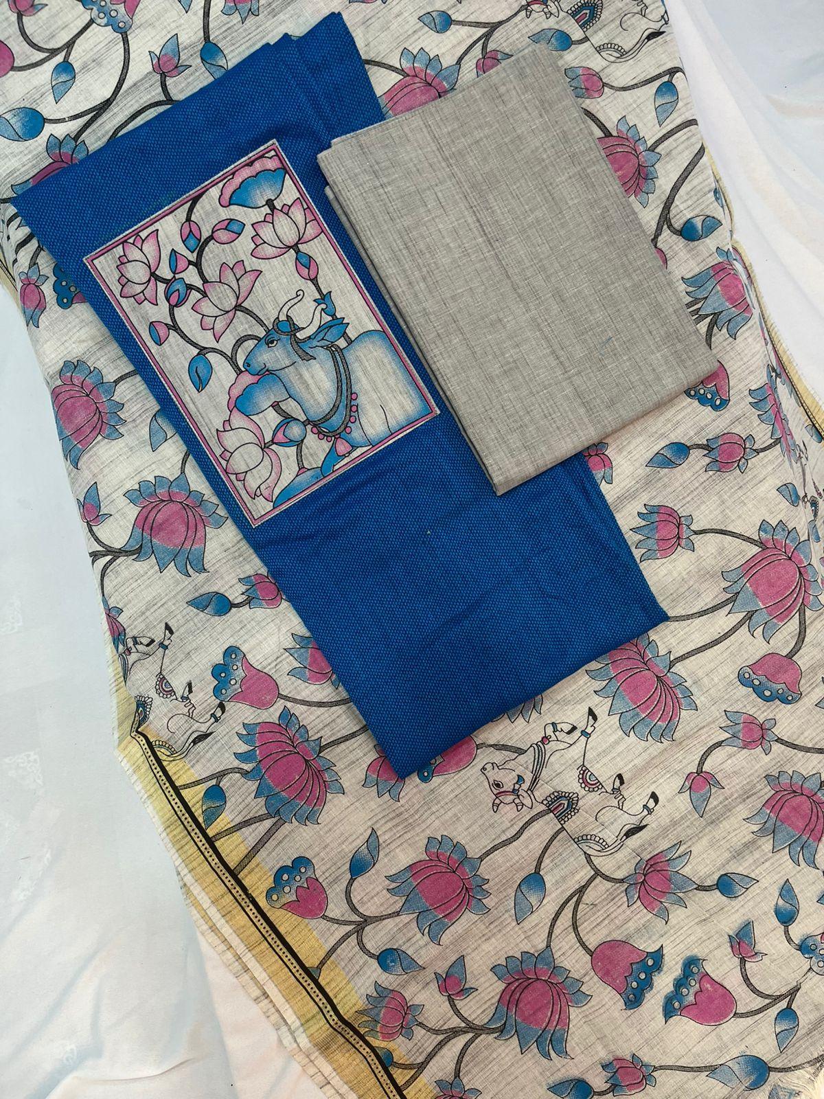 Cotton Dress Material with Kalamkari Chunni with Royal Blue