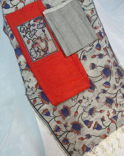 Cotton Dress Material with Kalamkari Chunni with Orange Color