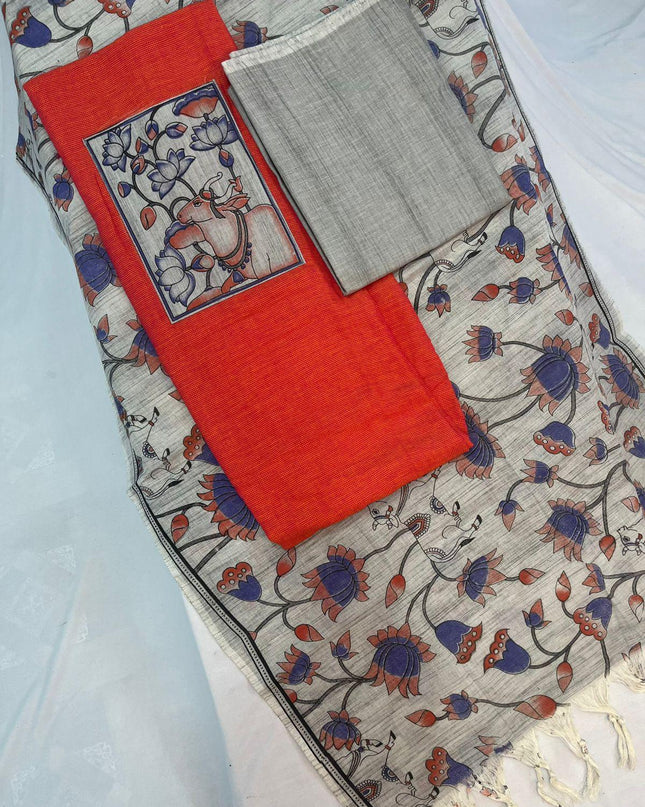 Cotton Dress Material with Kalamkari Chunni with Orange Color