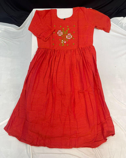 Cotton Plain Long Frock with Lava Red Colour