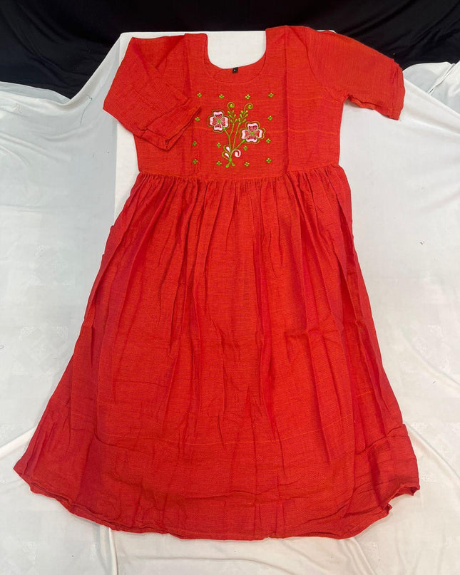 Cotton Plain Long Frock with Lava Red Colour