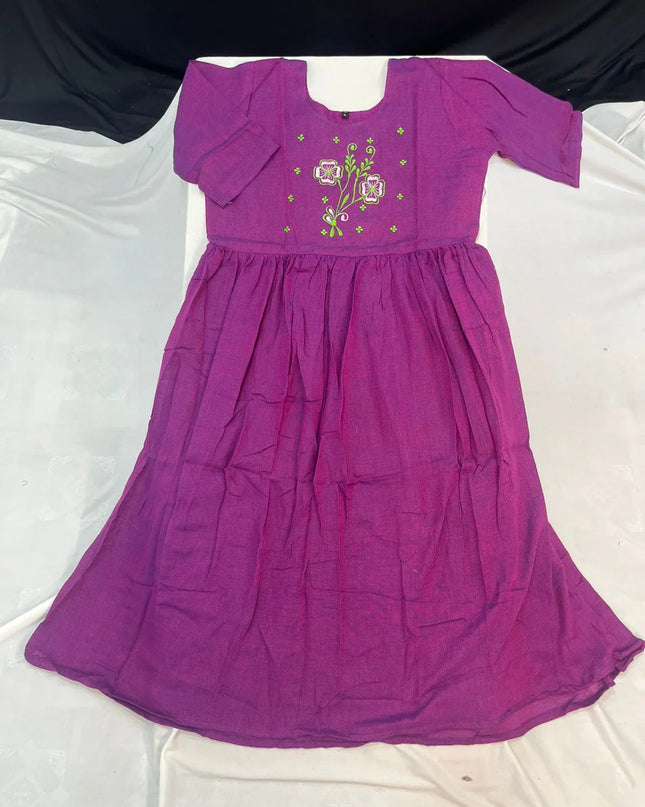 Cotton Plain Long Frock with Light Plum Colour