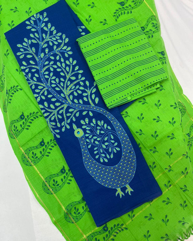 Cotton Dress Material with Green Chunni with Royal Blue