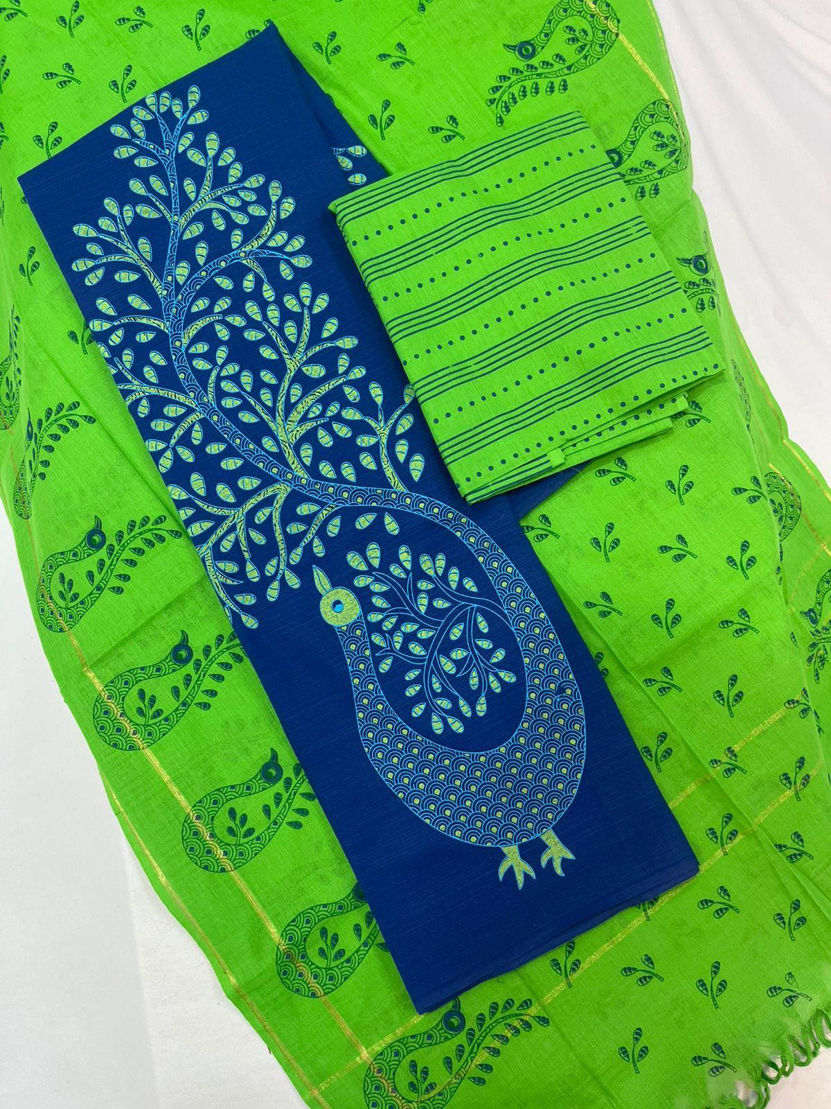 Cotton Dress Material with Green Chunni with Royal Blue