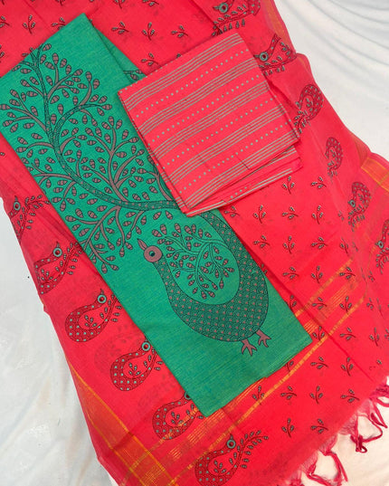 Cotton Dress Material with Red Chunni with Green Color