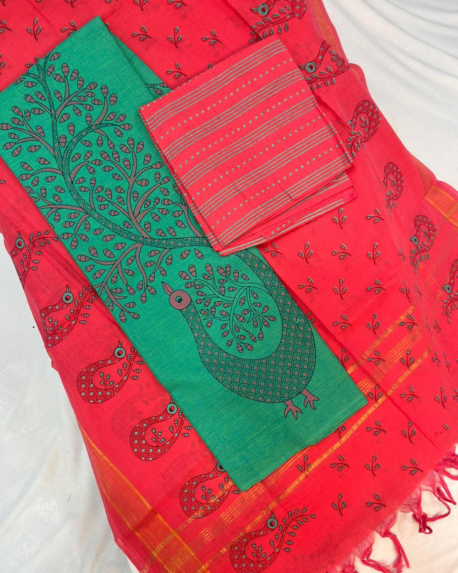 Cotton Dress Material with Red Chunni with Green Color
