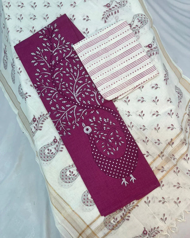 Cotton Dress Material with Cream Chunni with Wine Color