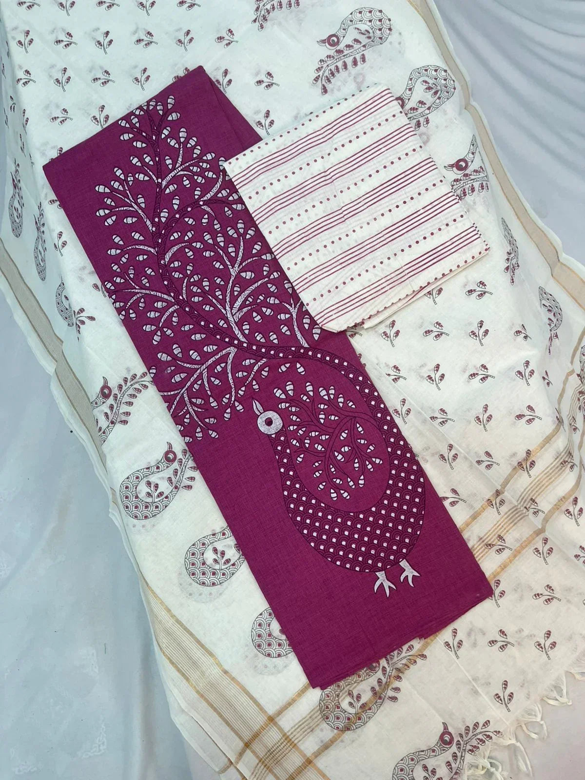 Cotton Dress Material with Cream Chunni with Wine Color