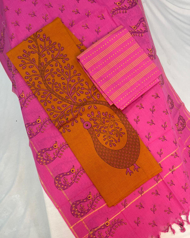 Cotton Dress Material with Pink Chunni with Orange Color